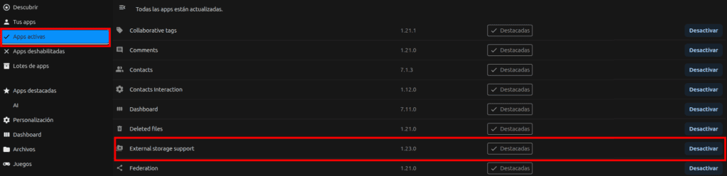 Tener habilitado el Soporte de Almacenamiento Externo